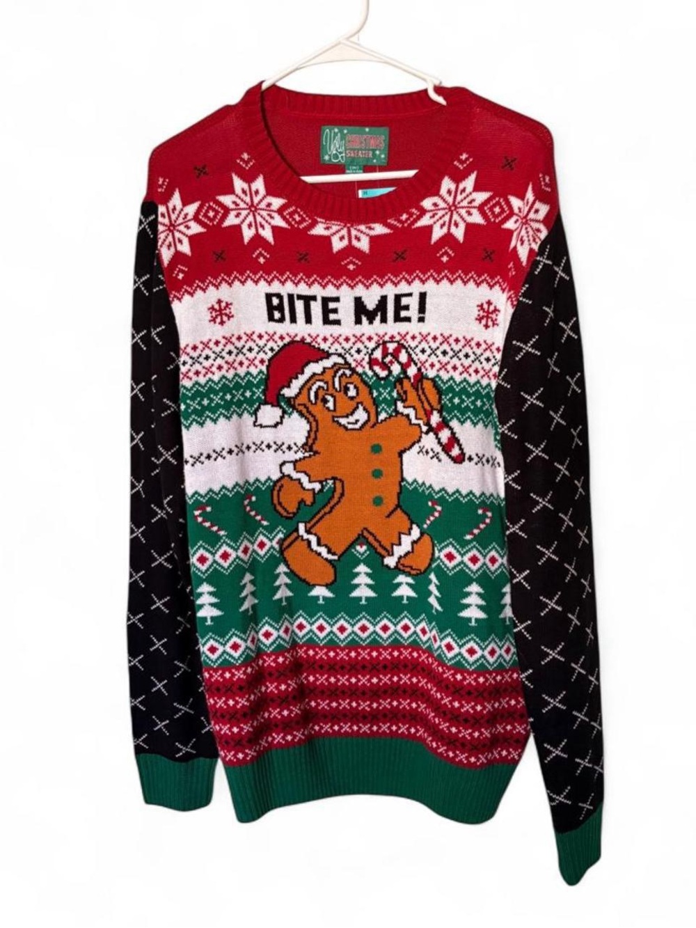 Ugly Christmas Sweater 'Bite Me!' Gingerbread Red/Green/Black Unisex M New w Tag